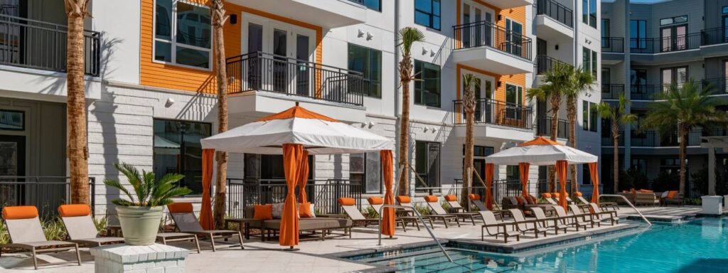 Poolside view with lounge chairs and umbrellas in front of a modern apartment building, featuring palm trees and balconies.