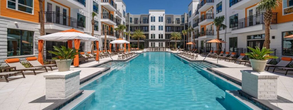 Modern apartment complex with a large central swimming pool, surrounded by lounge chairs and umbrellas. Palm trees add a tropical touch.