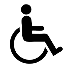 Icon of a person seated in a wheelchair, depicted in a simplistic, black silhouette style.