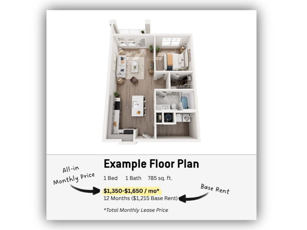 3D rendering of a 1-bedroom, 1-bath apartment floor plan, 785 sq. ft., with listed monthly rent prices ranging from $1,350 to $1,650. Rental terms and pricing details shown below. For those seeking more space, we also offer spacious 3 bedroom apartments in Jacksonville, FL—contact us for availability and pricing.